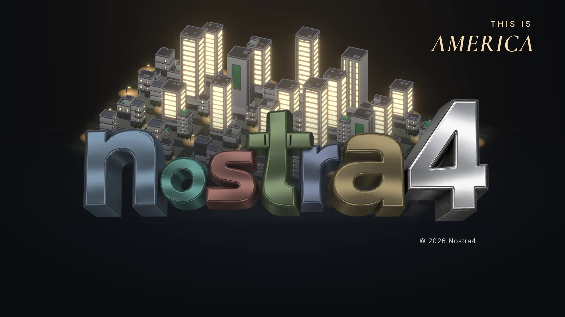 The Nostra4 lettering in front of an illuminated city at night